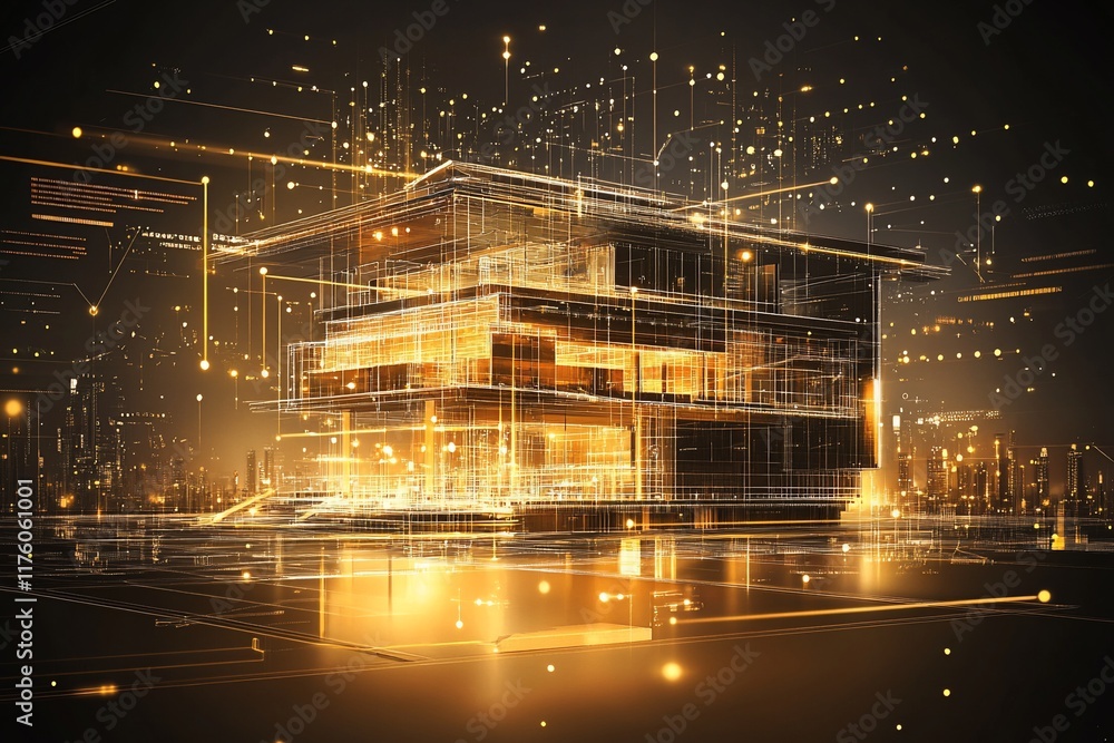 Poster futuristic architectural design with glowing elements representing innovation.
