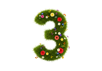realistic number 3 made of grass and flowers png, on transparent background. Suitable for nature or eco-friendly themes