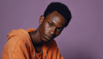 Obraz premium Portrait of a young man wearing an orange hoodie against a purple background showcasing calm expression and relaxed demeanor