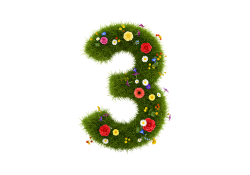 realistic number 3 made of grass and flowers png, on transparent background. Suitable for nature or eco-friendly themes