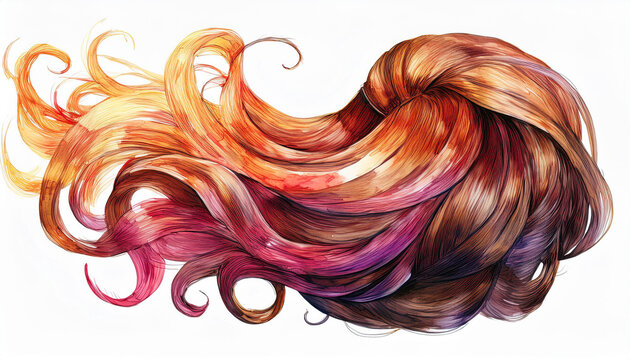 Geschwungene Locken mit lila Str&auml;hnen &ndash; Aquarellillustration von Haaren	