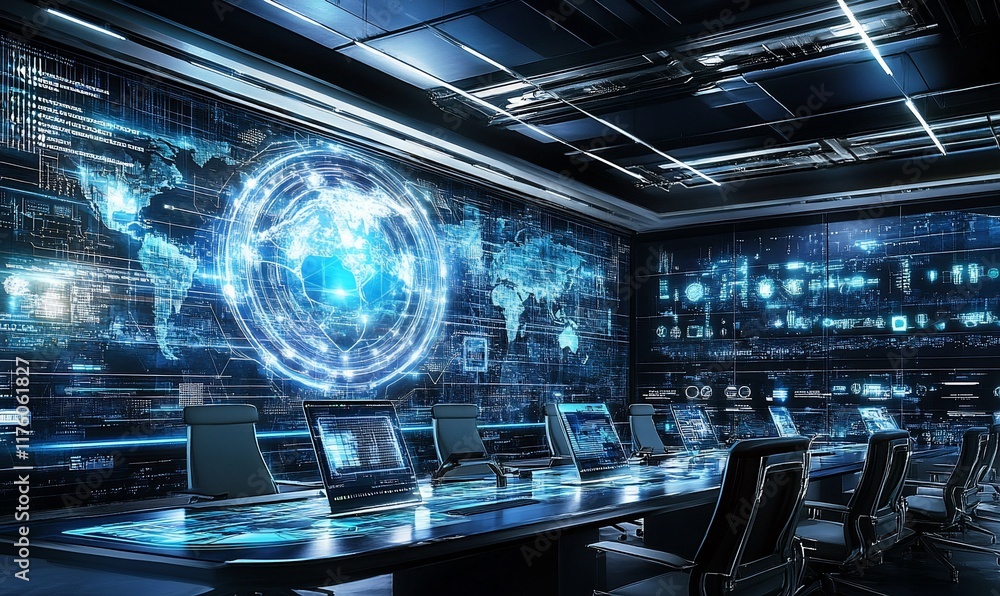 Poster futuristic control room with digital displays and global data visualization.