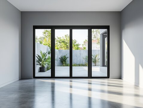Fototapeta A large room with a black door and a window