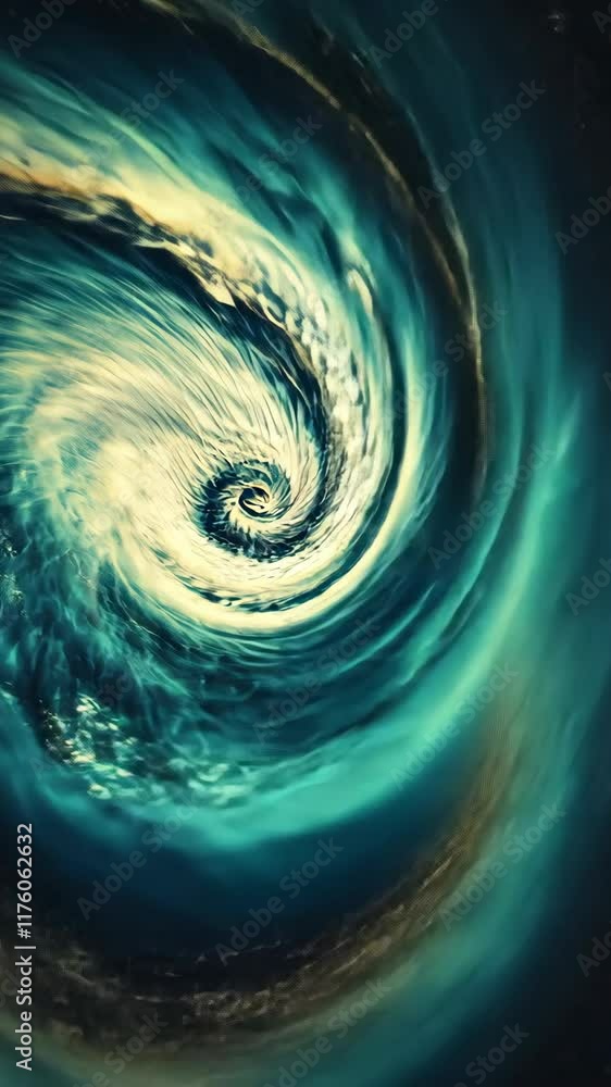 Poster swirling cosmic vortex with vibrant blue and gold hues creating a mesmerizing visual effect in space