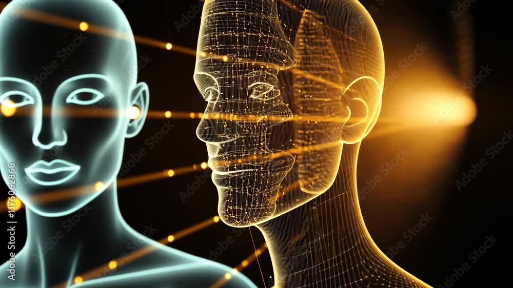 Poster digital representation of human figures showcasing advanced technology and artificial intelligence v