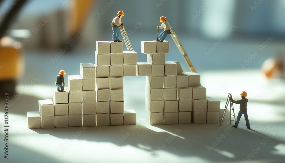 Poster miniature figures building a structure with cubes and ladders.