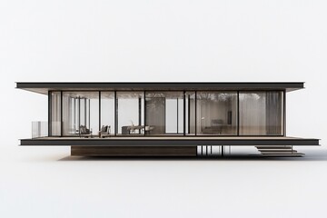 Modern architectural design featuring a sleek, minimalist house with large windows.