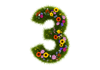 realistic number 3 made of grass and flowers png, on transparent background. Suitable for nature or eco-friendly themes
