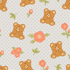 Cute brown teddy bears in kawaii style with hand drawn roses flowers on a polka dot neutral grey background, seamless pattern design.