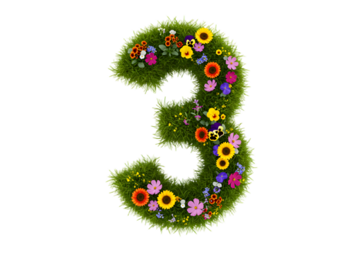 realistic number 3 made of grass and flowers png, on transparent background. Suitable for nature or eco-friendly themes