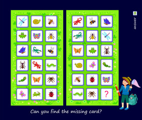 Logic puzzle for children and adults. Can you find the missing card? Educational game. Page for kids brain teaser book. Task for attentiveness. Play online. Activity sheet. Vector illustration.