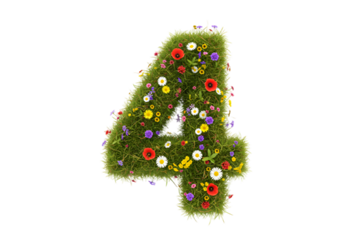 realistic number 4 made of grass and flowers png, on transparent background. Suitable for nature or eco-friendly themes