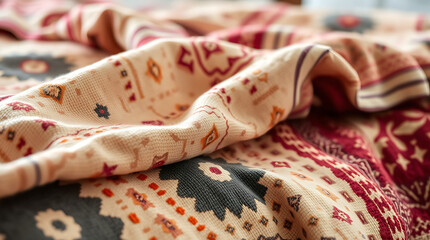 Fototapeta premium Close-up view of a beige textile with a woven pattern featuring orange, red, and dark-grey geometric designs. The fabric is loosely draped, showcasing texture and pattern details.