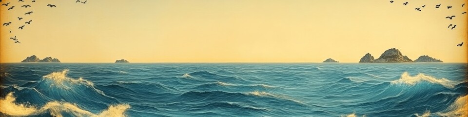 Obraz premium Vintage Ocean View with Rocky Islands and Flock of Birds at Sunset, Serene Seascape Art for Relaxation and Nautical Decor Inspiration, Tranquil Coastal Horizon