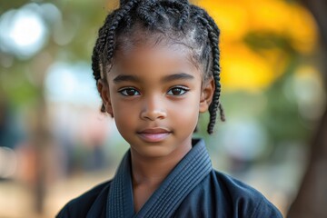 Young Girl in Martial Arts Gi Poses Outdoors