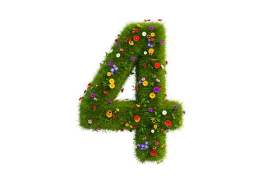 realistic number 4 made of grass and flowers png, on transparent background. Suitable for nature or eco-friendly themes