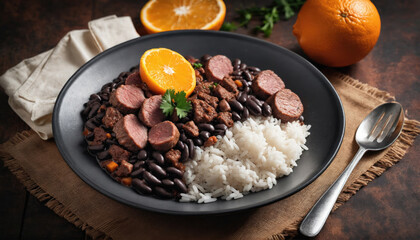 Delicious combination of black beans, rice, and sausage garnished with orange on a rustic table