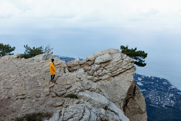 A person in a yellow jacket standing on a cliff admiring breathtaking views of a tranquil body of...