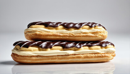 Rich chocolate covered eclairs with cream filling on a clean background