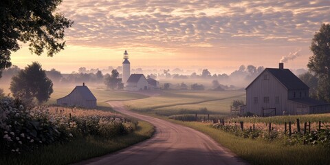 Fototapeta premium Sunrise over misty rural landscape with farms and church. Peaceful morning scene, ideal for travel brochures.