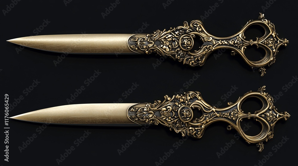 Poster ornate bronze scissors with intricate designs for decorative and practical use.