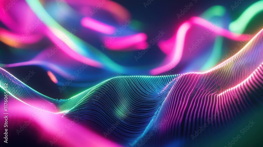 Poster vibrant wave patterns of light in abstract design with neon colors and flowing illumination creating