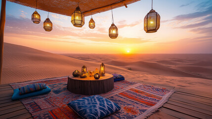 Elevated desert picnic setup on a wooden platform, decorated with hanging lanterns and colorful cushions, a panoramic view of the dunes at sunset