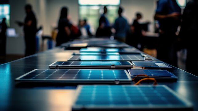 Array of Solar Panels on Table at Renewable Energy Event with Attendees in Background Engaged in Discussion and Exploration of Sustainable Technologies