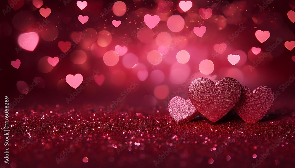 Poster a dark red background with bokeh heart shapes is overlaid by a shimmering layer of pink glitter