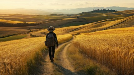 Lone Backpacker Walking Country Road Tuscan Hills