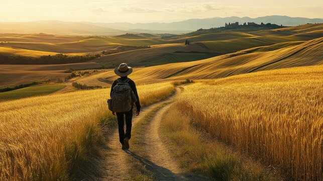 Lone Backpacker Walking Country Road Tuscan Hills