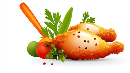 Illustration of fried chicken with vegetables and herbs.