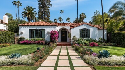 Fototapeta premium A charming front yard with a symmetrical garden and trimmed hedges.