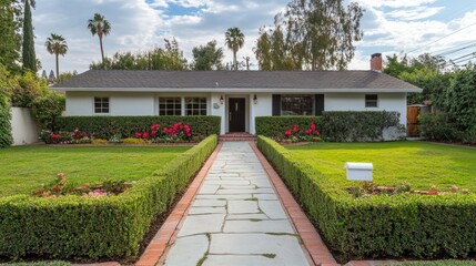 Fototapeta premium A charming front yard with a symmetrical garden and trimmed hedges.