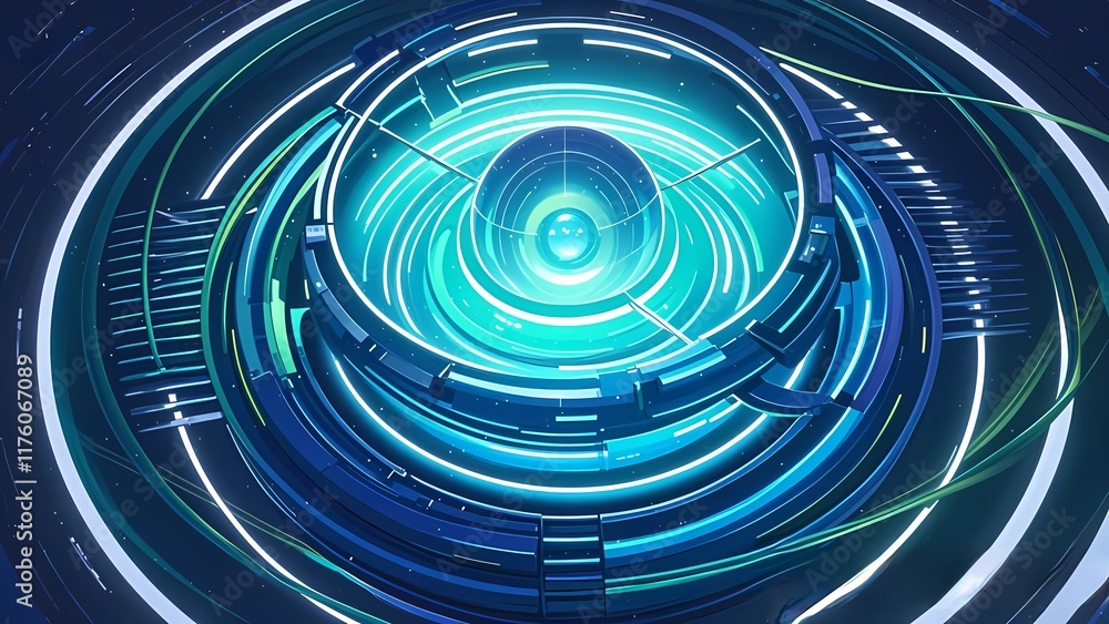 Poster abstract blue background with swirling circular patterns and light vortex design