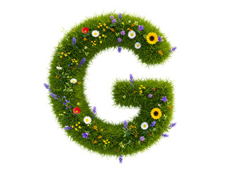 realistic alphabets, Letter G made of grass and flowers png, on transparent background. Suitable for nature or eco-friendly themes