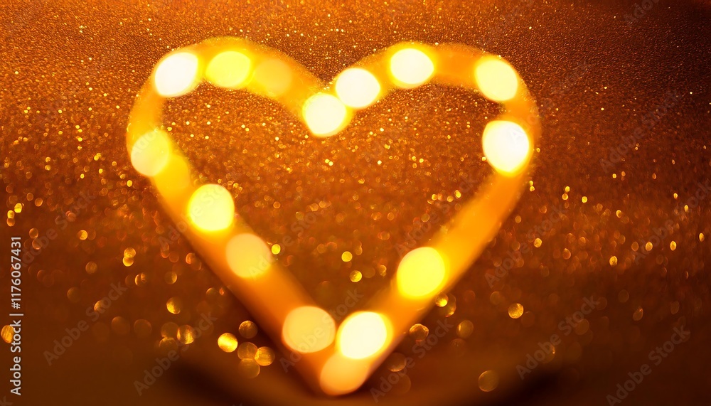 Poster a heart shape formed by glowing golden bokeh lights is centered against a background of blurred gold