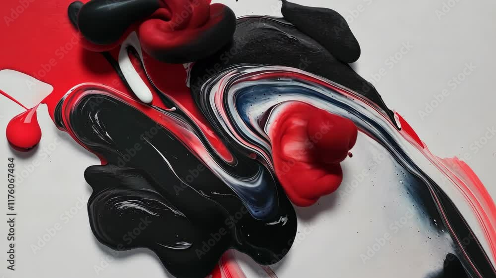 Poster abstract splashes of red, black, and white paint create a dynamic artistic composition on a blank ca