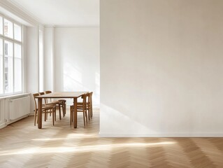 Fototapeta premium A white room with a table and chairs