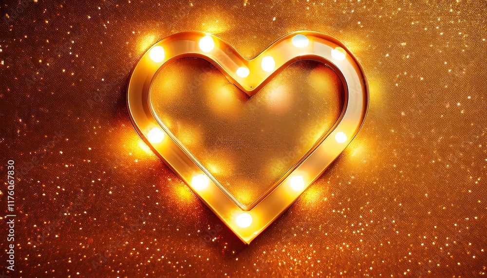Aufkleber a heart-shaped frame with glowing lights is centered on a textured golden background sprinkled with 