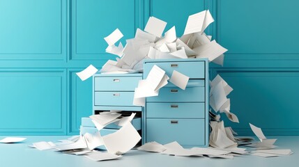 A chaotic scene of overflowing filing cabinets with scattered papers.