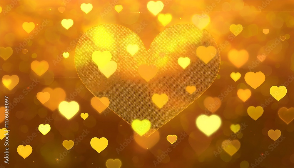 Aufkleber a large heart with a net-like texture is surrounded by many glowing yellow heart bokeh lights on a w