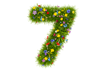realistic number 7 made of grass and flowers png, on transparent background. Suitable for nature or eco-friendly themes