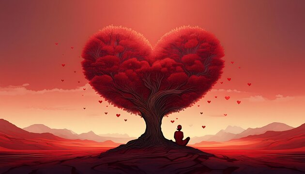 A heart-shaped tree stands on a red-toned landscape with a figure seated beneath it. - Powered by Adobe