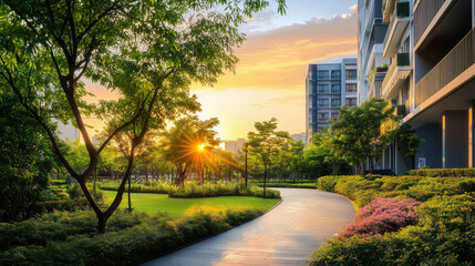 Fototapeta premium Serene Urban Park at Sunset with Vibrant Sky Colors, Lush Greenery, Winding Pathways, Sunlight Filtering Through Trees, and Surrounded by Modern Apartment Buildings