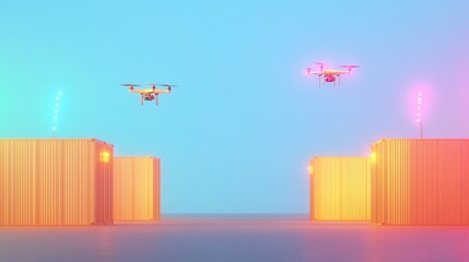Obraz premium Two drones fly above brightly illuminated containers in a futuristic setting, showcasing technology and innovation.