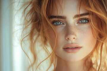 Naklejka premium Close up of young woman with tousled hair in soft window light