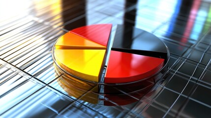 Fototapeta premium A data-driven D pie chart with metallic textures and glossy reflections.