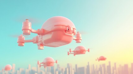 Obraz premium A futuristic scene depicts pink drones flying over a city skyline against a pastel sky, showcasing advanced technology and urban innovation.