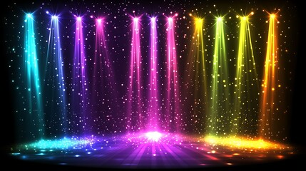 Colorful Stage Lights Sparkle Brightly Illuminating A Dark Stage